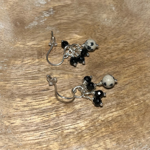 Dalmatian Jasper & Black Onyx 925 Sterling Silver Cluster Drop Dangle Earrings - Picture 4 of 8